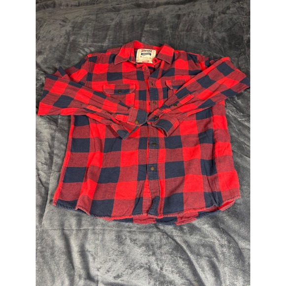Mens jnco Red and Navy Blue Plaid Flannel Long Sleeve Button Up Shirt - Picture 1 of 7